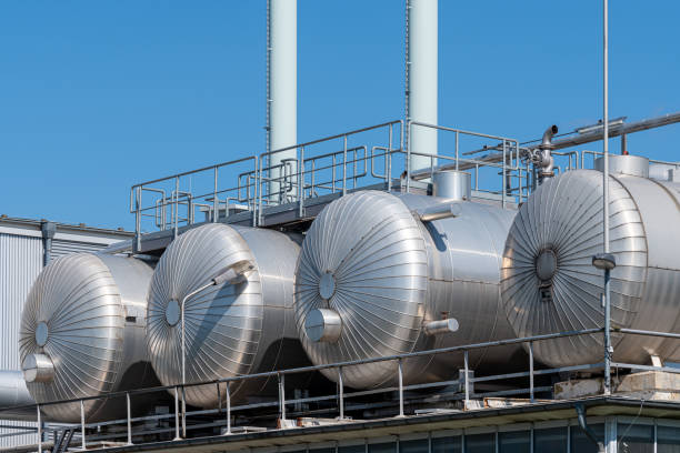 Germany, Berlin, Adlershof, July 15, 2024 - Gas storage tanks in a factory