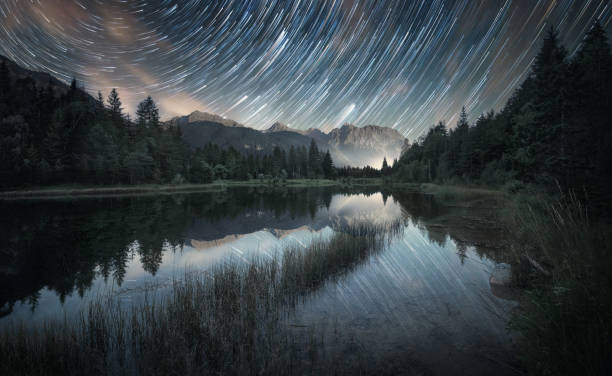 Star trails over painterly landscape reflected in a lake