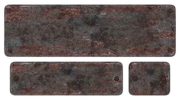 istock Old rust plaque with rivets. Grungy metallic nameboards set. 3D rendering. 2162519849