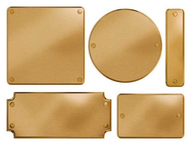 istock Golden plaque with rivets. Isolated metallic nameboards set. 3D rendering. 2162519917