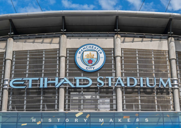 Manchester Citys Logo and Badge front of the Etihad Stadium. 17th July 2024.