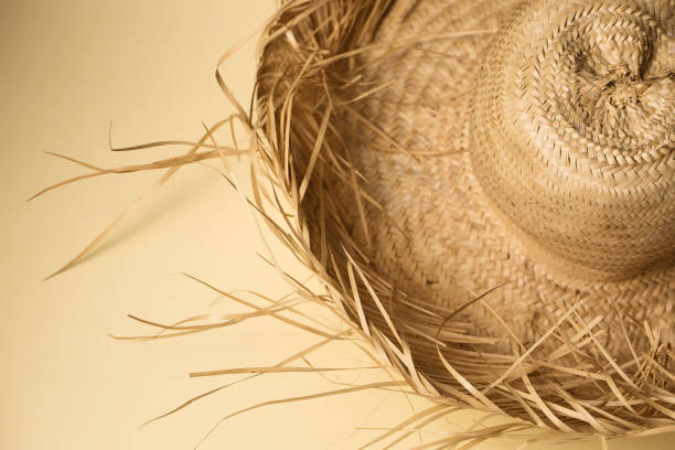 istock A large summer straw hat from which protruding straws on a sand-colored background 2162524816