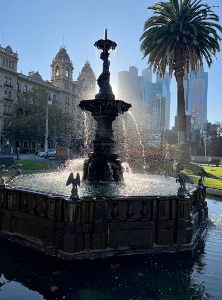 Backlit fountain in downtown Melbourne