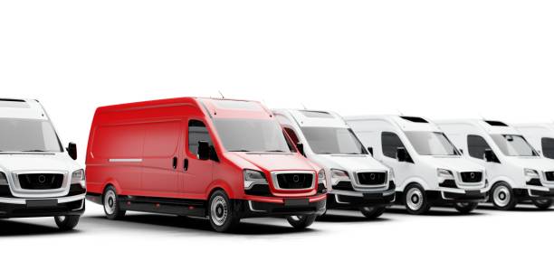 istock Red delivery van leading row of white vans isolated 2162532969