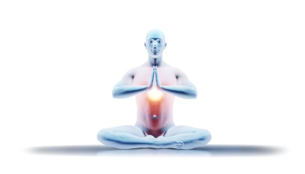 istock Man with glowing chest in yoga meditation pose 2162532977