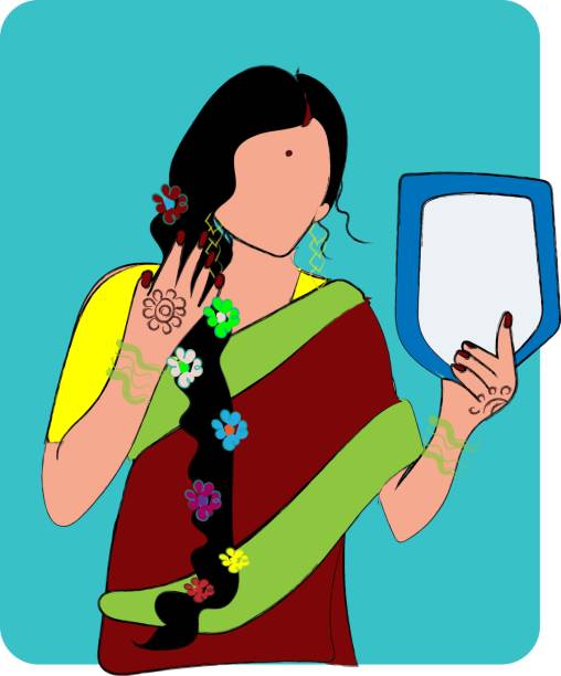 istock Hand drawn vector illustration of young woman looks on her reflection in mirror with love. 2162536579
