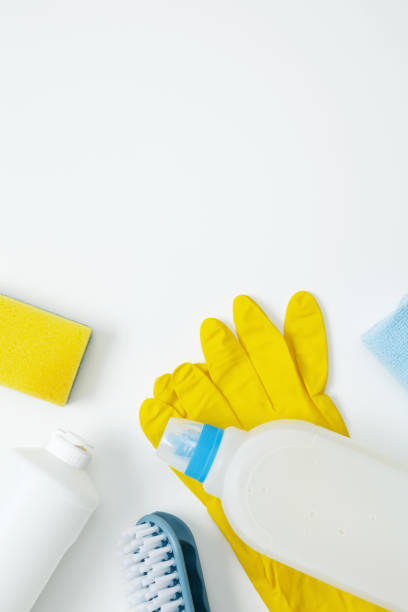 istock Various accessories cleaning products, rags, sponges and brushes. Top view, flat lay, copy space 2162537644