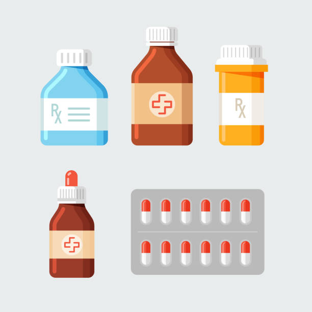 набор иконок для флаконов с лекарствами и баночек с таблетками - бутылка stock illustrations