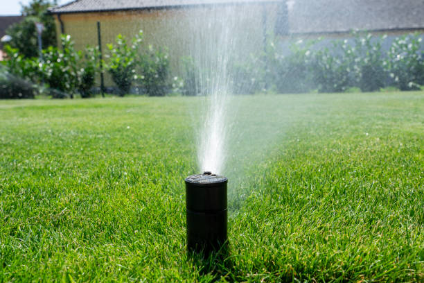 istock automatic watering system in the back yard garden with green grass 2162540167