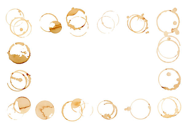Coffee stains isolated on white background. Coffee prints.Round stain isolated, cafe stain fleck drink beverage. Coffee and Tea Stains cup rings. round trace of spilled coffee. Mockup. Copy space