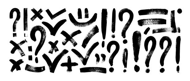 Hand drawn various punctuation signs, check marks, exclamation and question marks, brackets. Hand drawn various punctuation signs, check marks, exclamation and question marks, brackets. Brush drawn bold sign collection. Doodle grunge style underline elements and rough punctuation symbols. drawing of the comma stock illustrations