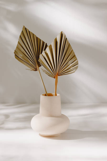 istock Ceramic vase with palm leaves and aesthetic sunlight shadows on white table 2162549428