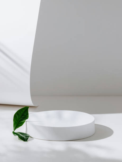 istock White empty podium with plant leaf on white background with beautiful sunlight shadows. 2162551045