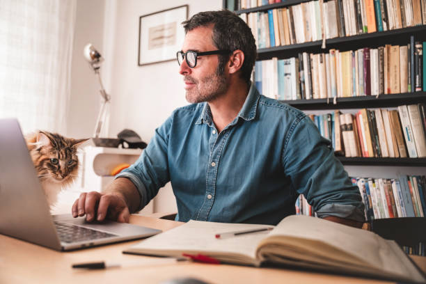 cat sitting on work desk beside man working at laptop