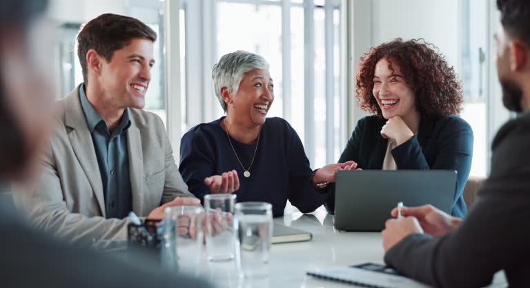 Discussion, laptop and boardroom for group, laughing and research for trial, paralegal and online for justice. Communication, teamwork and people with knowledge for case, information and talking