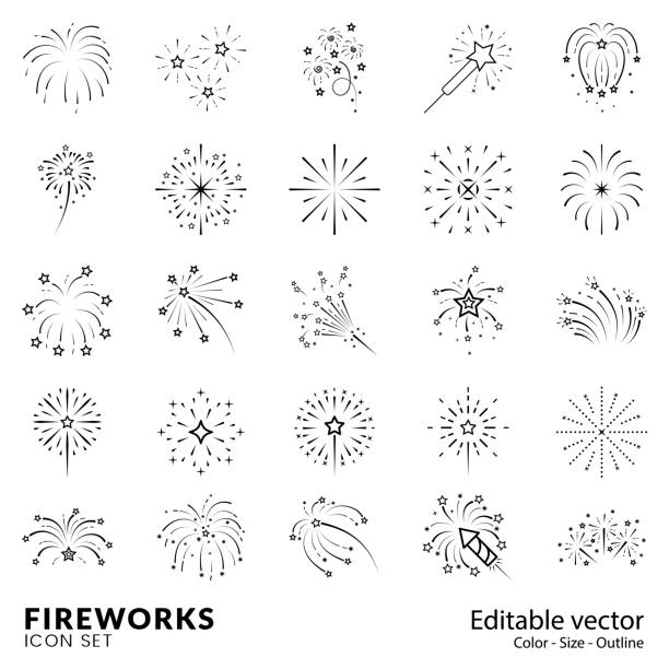 feuerwerkssymbole eingestellt. - feuerwerk stock-grafiken, -clipart, -cartoons und -symbole