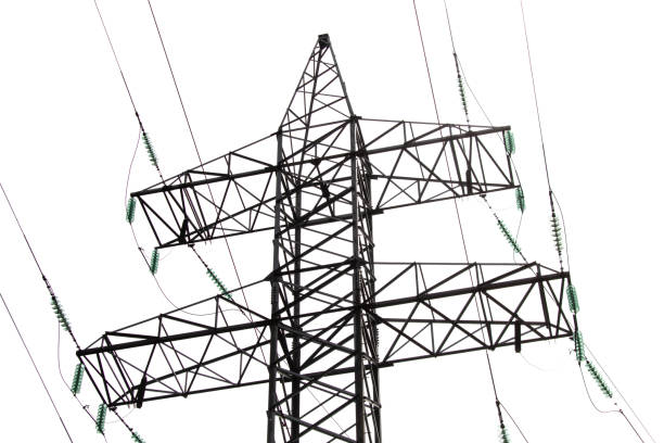 istock Metal electric pole with wires isolated on a white background 2162557899