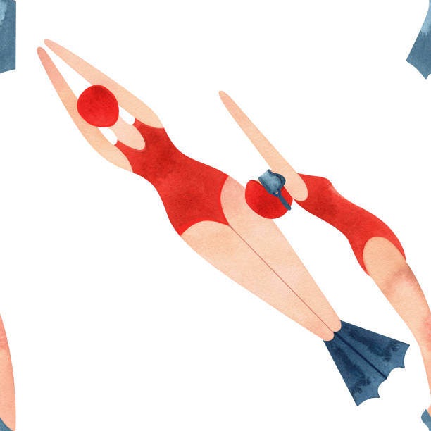 istock Seamless pattern with floating women in vintage style. Swimming. Watercolor illustration on white background 2162558031