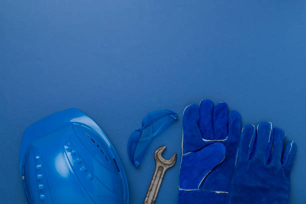 istock Blue construction equipment on color background, top view 2162559107