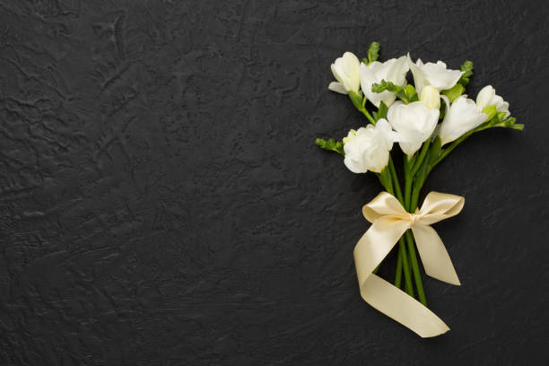 istock White fresia flower on concrete background, top view 2162560708