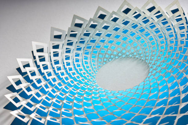 istock Intricate geometric cut paper art with interlocking square patterns in white and blue gradient creating a dynamic visual effect 2162561285