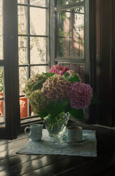 istock Still life with hydrangea and a cup of coffee close-up 2162565694