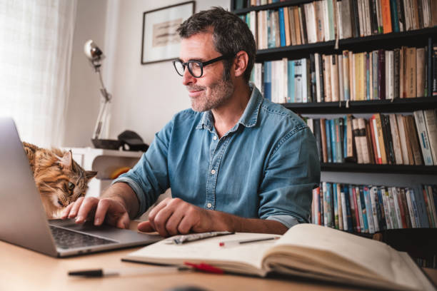 istock cat lying on work desk beside man working at laptop 2162571191
