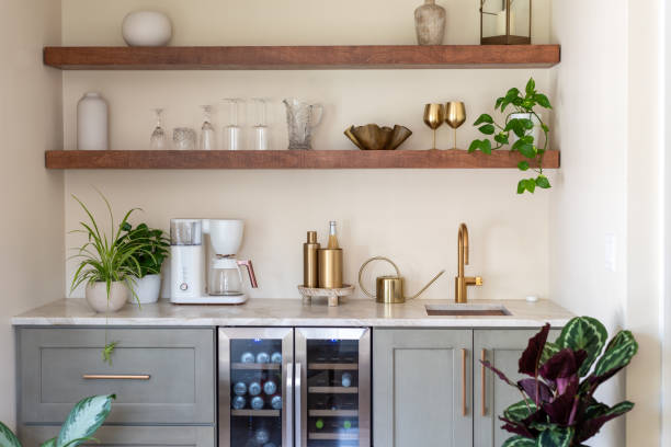 Home wet bar with floating shelves above