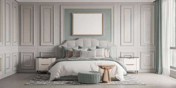 istock mock up poster frame in interior background, bed room. 3D render, 3D illustration 2162576629