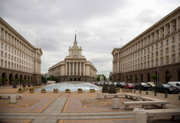 Vitosha,Sofia-City  ,Bulgaria - May 14,2024 :The Largo, Independence square, is an ensemble of three classic socialist architectural government building in Sofia.  The center building is the National Assembly of Bulgaria