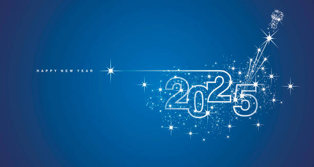 tahun baru 2025 desain garis kembang api kembang api sampanye bersinar vektor biru putih - tahun baru ilustrasi stok
