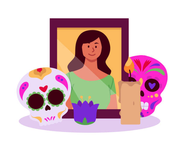 Painted sugar skulls with portrait of a dead woman, burning candles and flower vector, Mexican Dia de los muertos day Painted sugar skulls with portrait of a woman, burning candles and flowers vector flat illustration. Mexican Dia de los muertos day. Face masks for Day of the dead celebration, funeral altar cartoon of painted skull faces stock illustrations