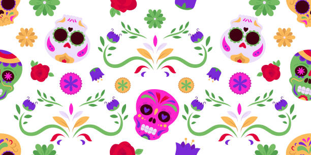 Painted sugar skulls and flowers floral seamless pattern vector, Mexican dia de los muertos, Day of the dead decoration Painted sugar skulls and flowers on vector seamless pattern. Mexican dia de los muertos day. Decorative craniums with floral ornament. Traditional face mask head for Day of the dead celebration cartoon of painted skull faces stock illustrations