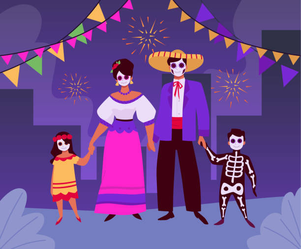 ilustraciones, imágenes clip art, dibujos animados e iconos de stock de el día de la muerte en una ilustración vectorial con una familia con maquillaje kalaki - huracán katrina