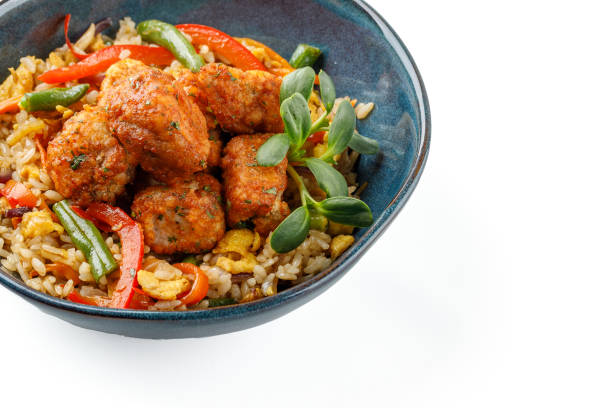 Hibachi rice with kimchi pork on a white background studio food photo 1