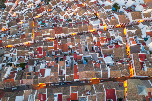 View from above of street lights among norrow roads of the medieval village of Olvera, Cadiz province, Andalusia, Spain