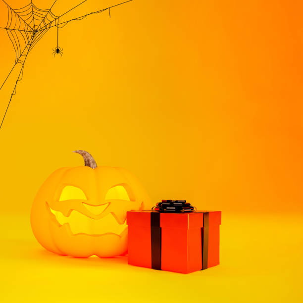 istock Halloween background concept with Jack o lantern, orange gift box and spider web, 3d render. 2162586940