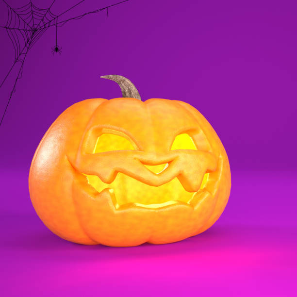 istock Halloween background with Jack o lantern abd spider web. Halloween pumpkin on purple with copy space 2162586967