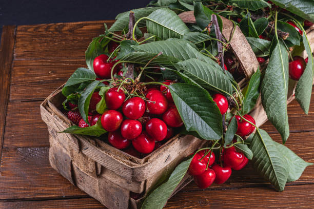 istock ripe cherries in a box on the table close up top view 2162592416