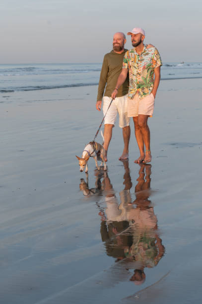 istock couple walking their dog on the beach 2162593903