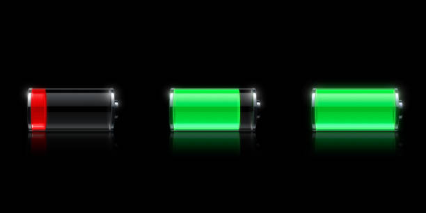 Digitally generated three batteries at different charge levels, from low to full. The vivid green and red colors stand out against the black background, emphasizing the progression from low to high charge. This minimalist design is both visually engaging and easy to understand, making it perfect for use in presentations, educational materials, or product advertisements.