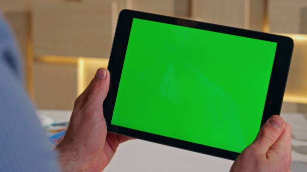 istock Company worker looking greenscreen tablet browsing video in office close up. 2162595757
