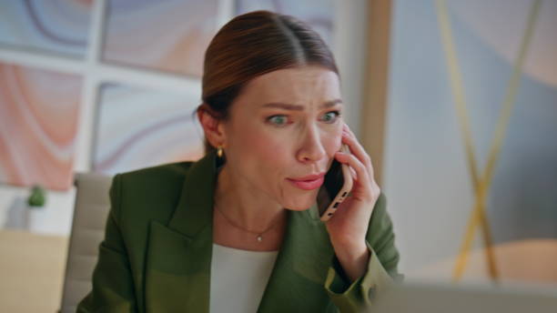 istock Mad designer calling colleague nervous conversation office closeup. Ceo arguing 2162596718