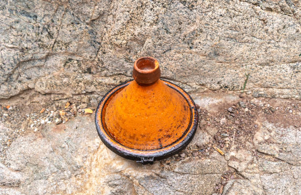 Old Closed Moroccan Tajine, Traditional Morocco Ceramic Tableware, Arabic Marqa, Moroccan Tagine Food, Street Ceramic Plate at Authentic Local Eatery