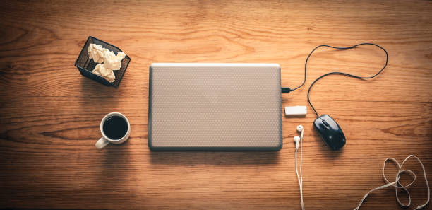 istock Top View Work space, office desk with Coffee and computer, and office supplies with copy space 2162601252