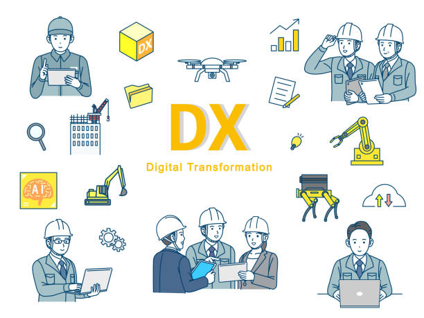 Construction manufacturing industry promoting digital transformation Clip art of Construction manufacturing industry promoting digital transformation. blue collar worker stock illustrations