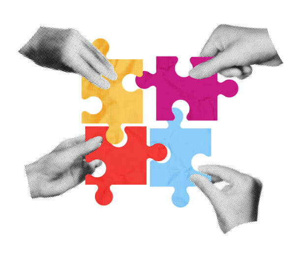 ilustraciones, imágenes clip art, dibujos animados e iconos de stock de manos de semitono haciendo rompecabezas juntos collage ilustración vectorial - puzzle