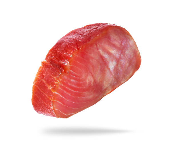 istock Piece of cold smoked tuna close up on a white background 2162606721