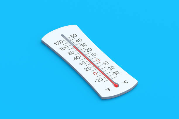 Thermometer with Celsius and Fahrenheit scales on blue background. Global warming concept. Climate change. Weather forecast. Abnormal temperature. 3d render