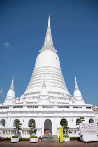 Bangkok, Thailand- 14 Feb, 2023: View of grand, whitewashed stupa in Wat Prayoon, Bangkok. It sits on the western side of the Chao Praya river